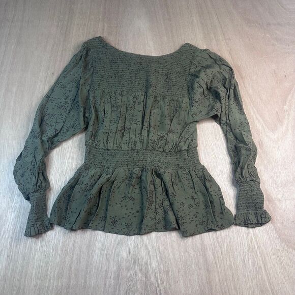 In Loom Women’s Peasant Blouse Olive Green Floral Smocked Boho Top S Fall - Picture 2 of 5